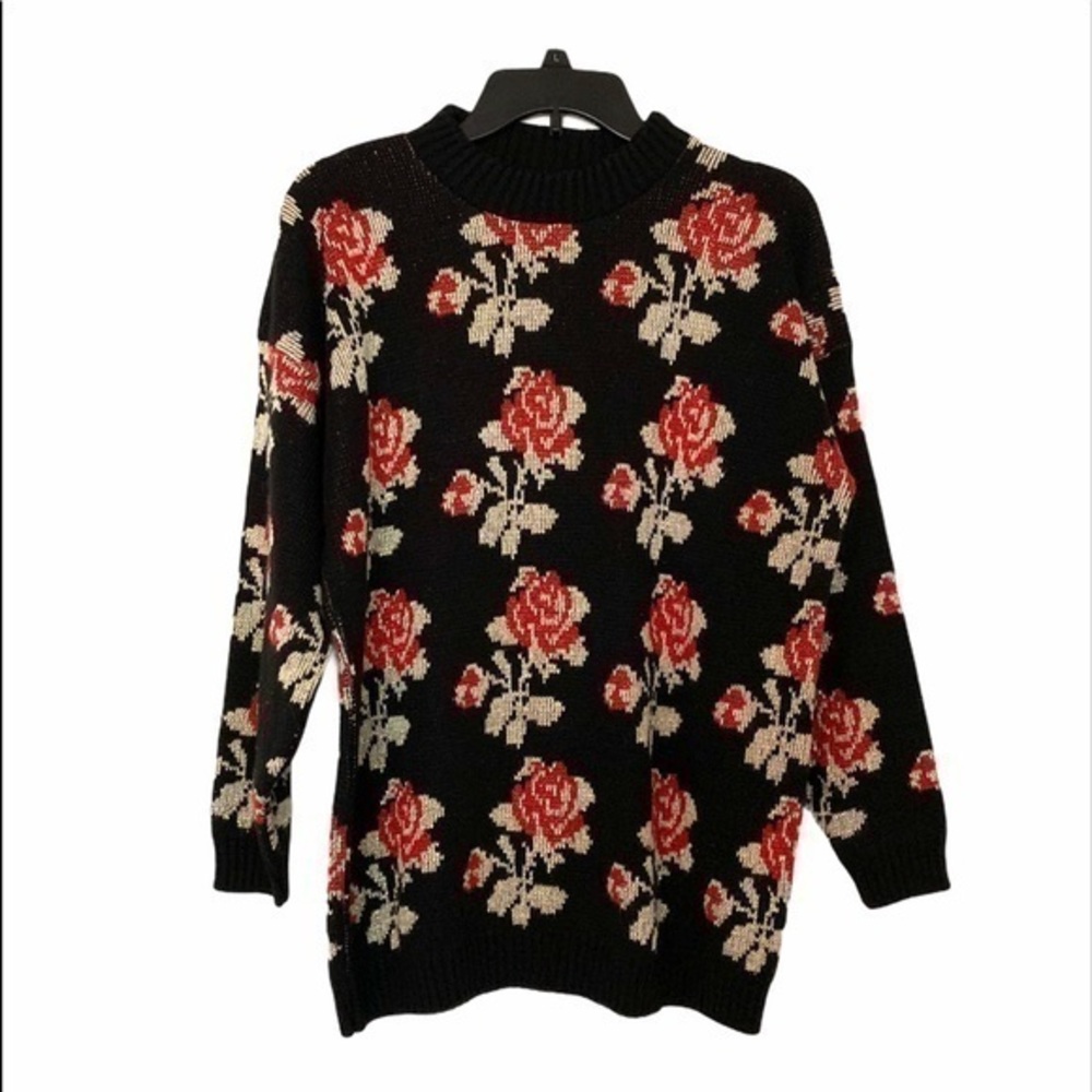 Vintage Y2K J.F. Sweet Sweater Black Red Gold Rose